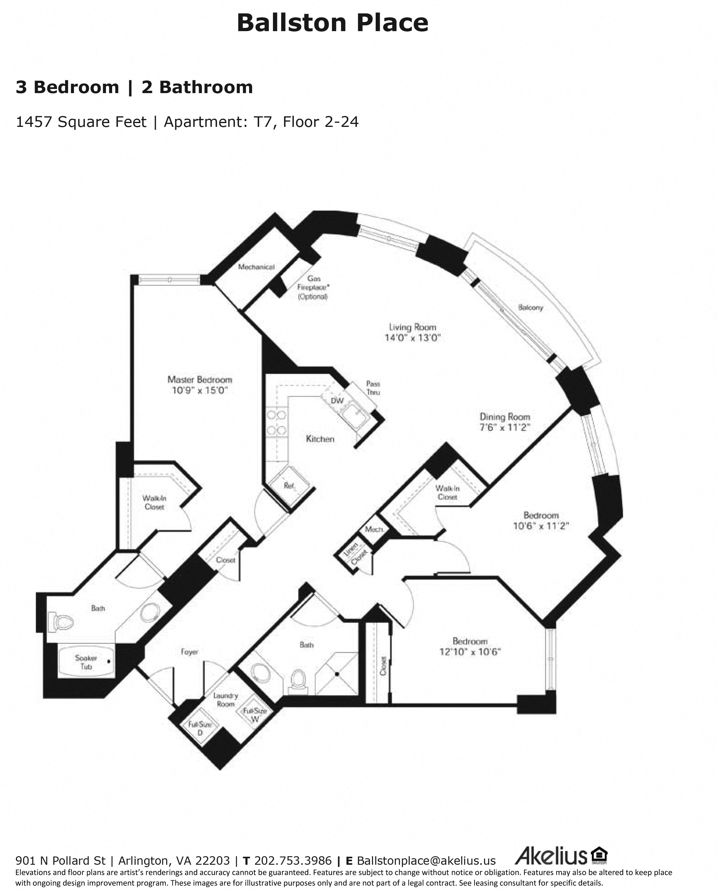 Floor plan for 3 beds, 2 baths, 1457 sqft
